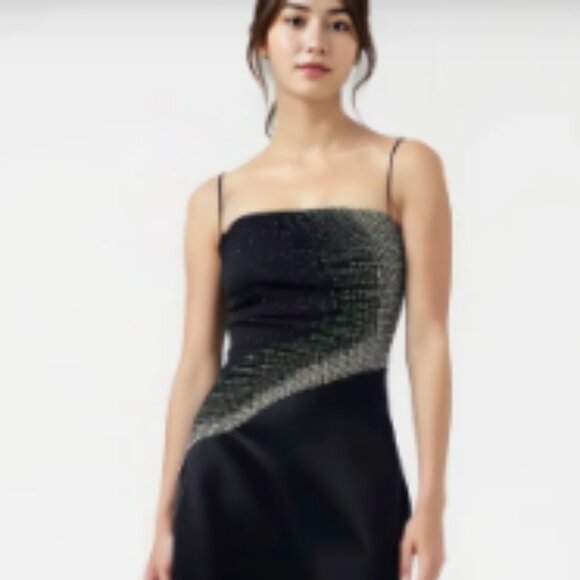Cache Black & Sliver Maxi Formal Spaghetti Strap Rhinestone Embellished Dress 4 - Picture 1 of 10